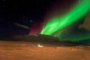 Aurora boreala, noapte, Auroră boreală, zăpadă, stele