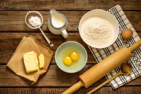 eggs, flour, milk, oil, rolling pin, strainer