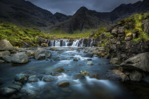 Highland, mountains, river, rocks, Scotland, stones, stream