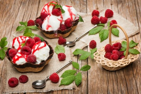 berries, dessert, ice cream, leaves, raspberry, spoon