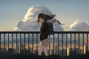 anime, Arte, nubes, formar, niña, hogar, levi9452, Chica de escuela