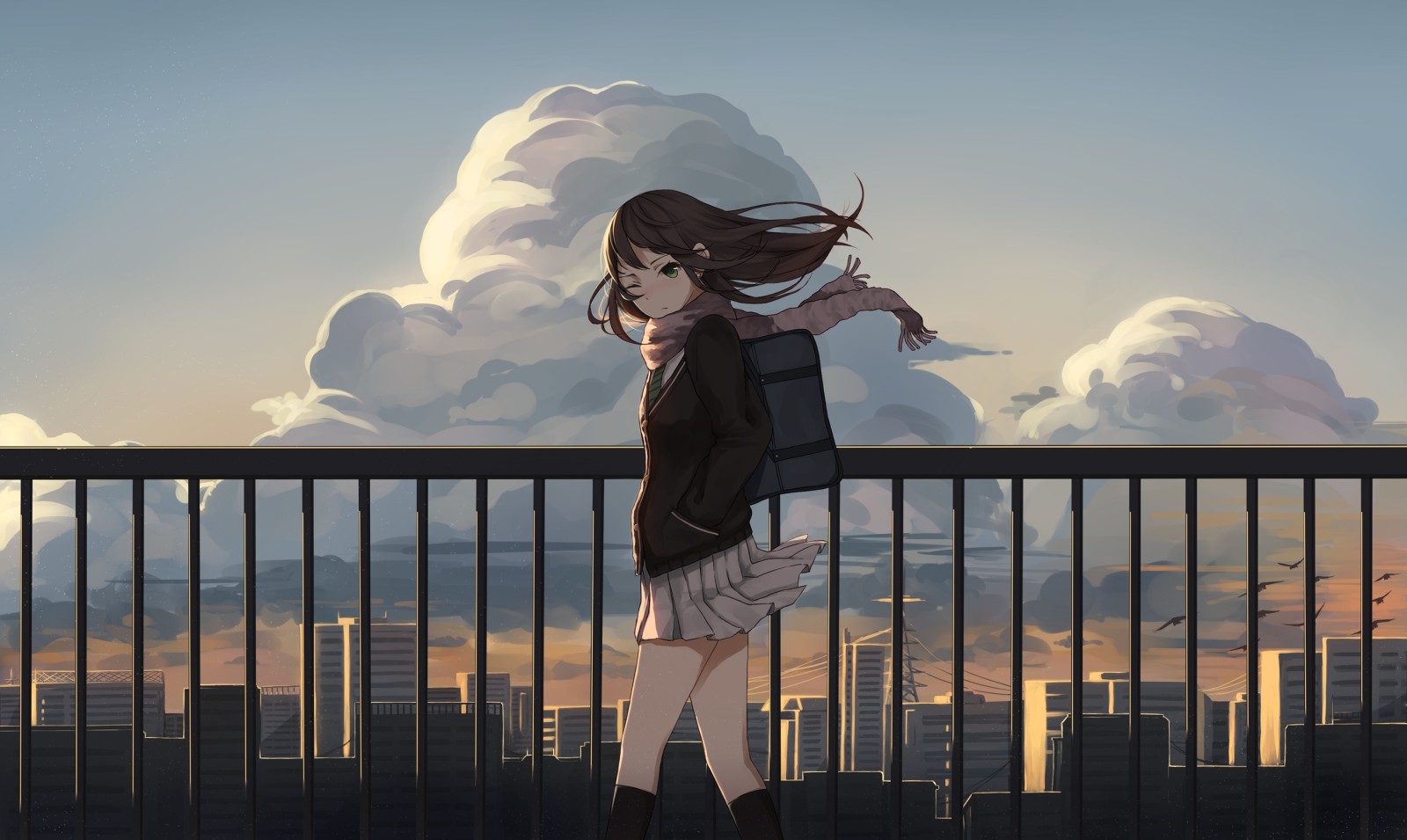 der Himmel, die Stadt, Mädchen, Schülerin, Kunst, Wolken, Zuhause, Anime