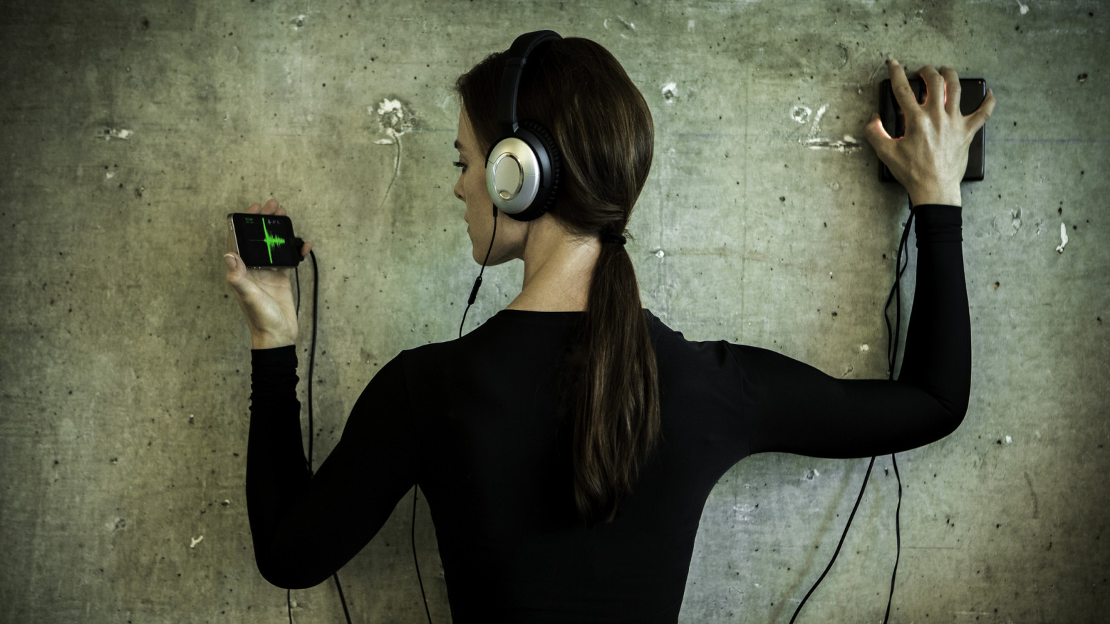 wall, girl, Music, hair, Headphones, sounds