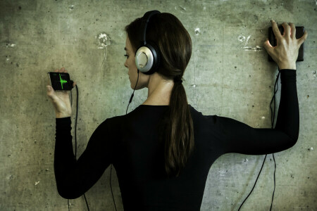 girl, hair, Headphones, Music, sounds, wall