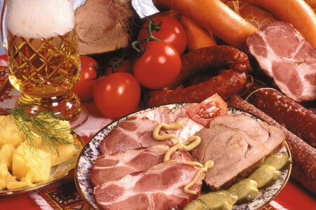 beer, food, ham, Meat Products, photo, sausage, tomatoes