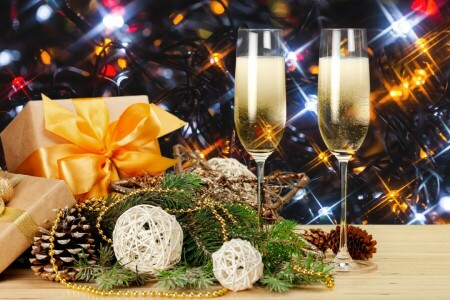 Champagne, Natale, decorazione, regalo, bicchieri, contento, Nuovo anno, albero