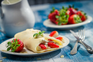 Un delicioso postre, bayas, panqueques, fresas, fresa