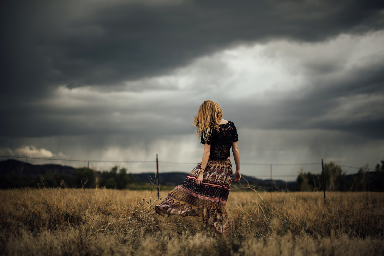 otoño, el cielo, niña, campo