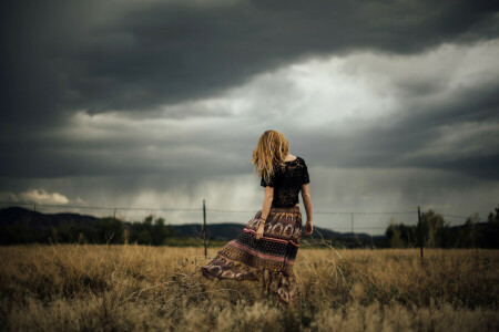 autumn, field, girl, the sky