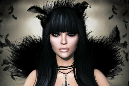 brunette, visage, plumes, fille, mystique, corbeau