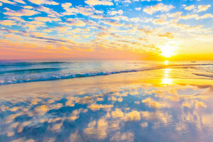 beach, clouds, mirror, reflection, sea, sunset, wave