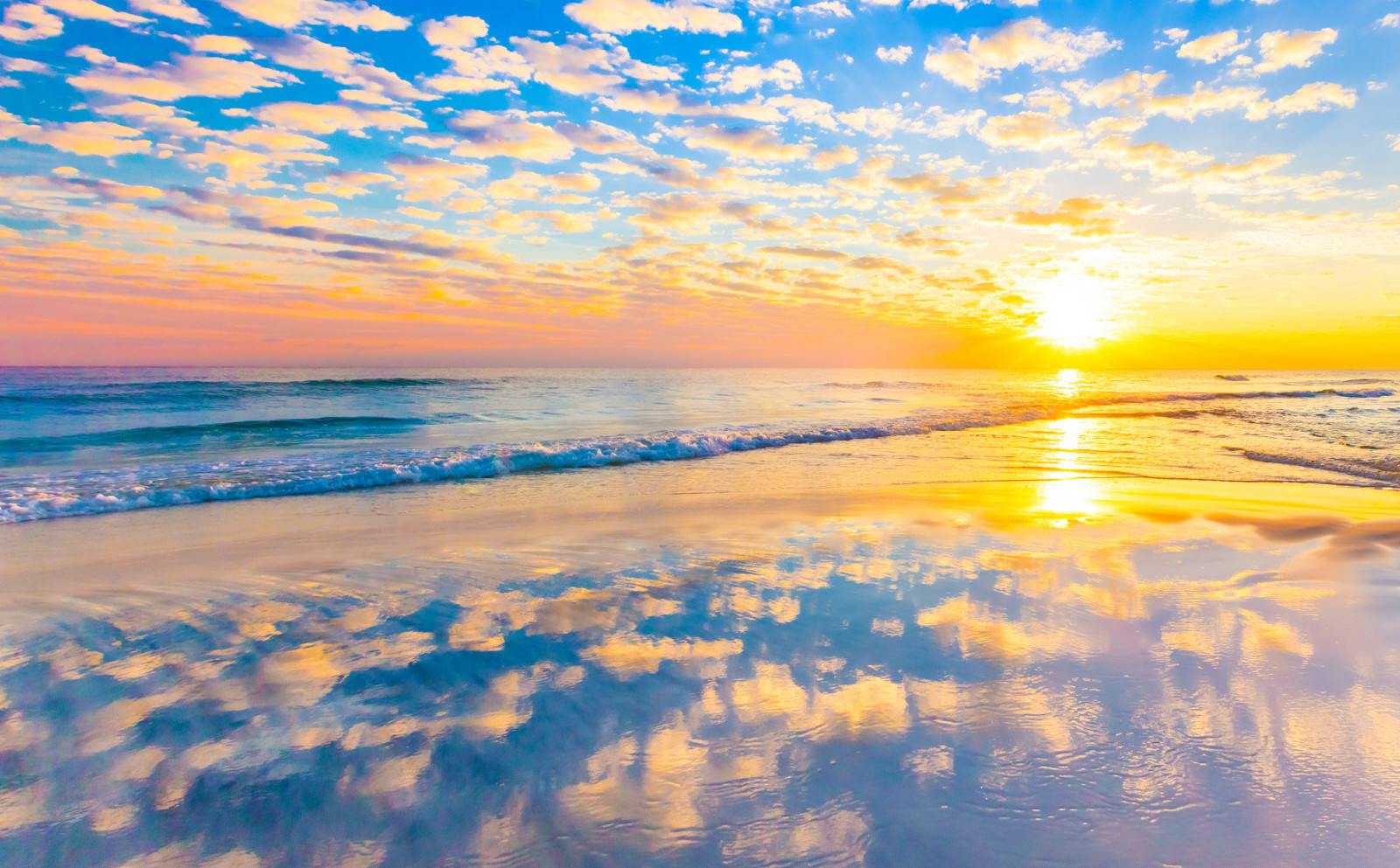 le coucher du soleil, réflexion, plage, mer, des nuages, vague, miroir