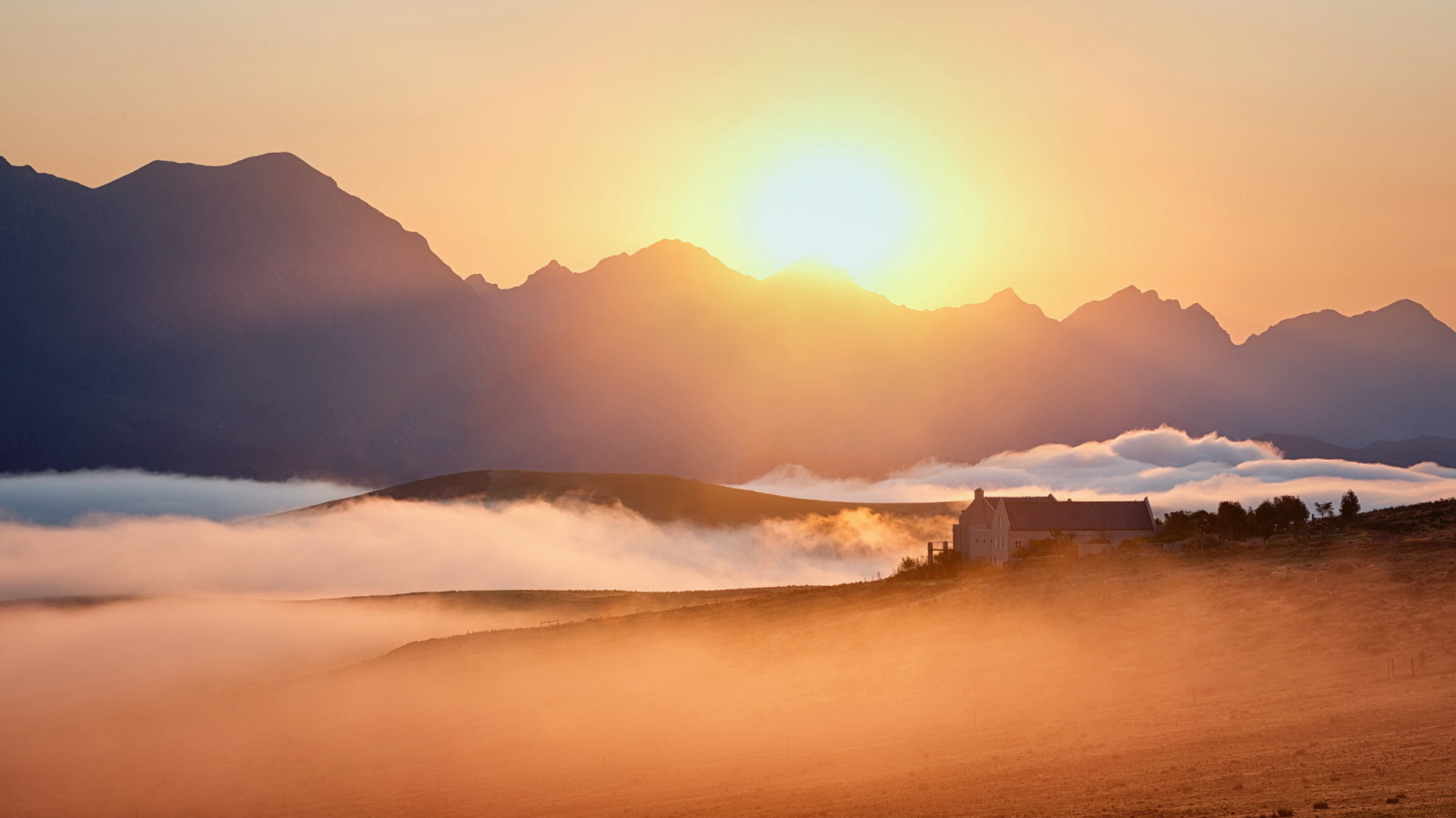 puesta de sol, paisaje, campo, niebla