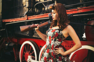 ammunition, background, beautiful, bokeh, Equipment, girl, Goal, gun machine gun