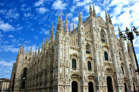 Catedrală, nori, Duomo, Italia, Milano, cerul