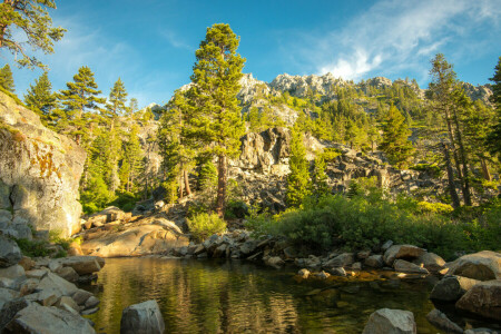 CA, Eagle Creek, lake, mountains, rocks, stones, trees, USA