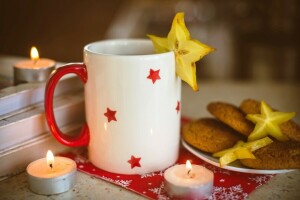 velas, carambola, galletas, taza, comida, jarra, estrellas