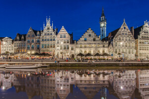 Belgium, building, Fox, Ghent, Leie River, Patershol, promenade, reflection