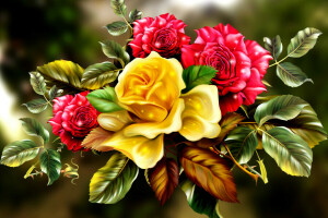 bouquet, collage, flowers, leaves, roses