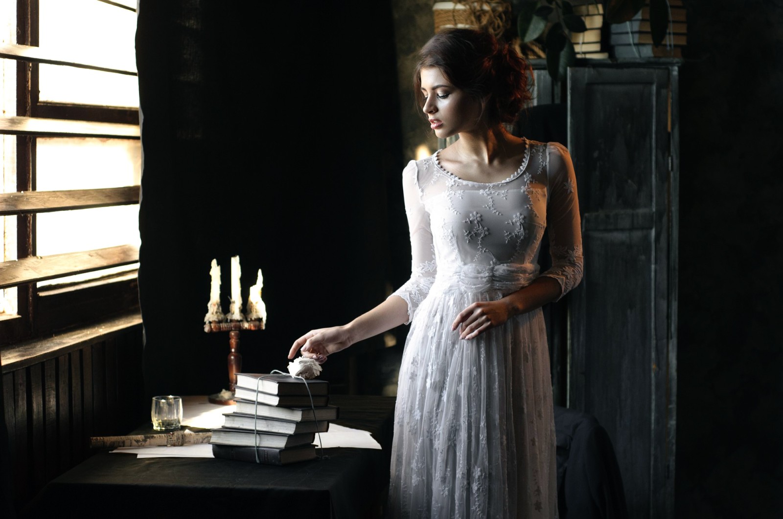 girl, table, books, candles, dress, vintage, retro