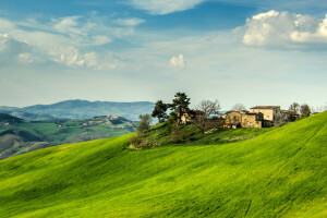 grass, house, Italy, mountains, the sky, trees