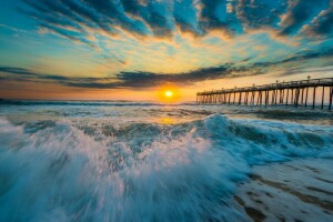 Bridge, sunset, The ocean, wave