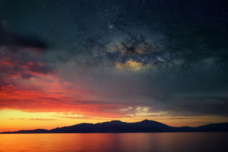 clouds, Corsica, France, mirror, reflection, sea, stars, the milky way