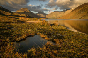 clouds, lake, mountains, the evening, the sky