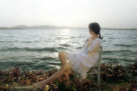 girl, sea, shore