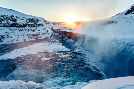 dawn, mountains, snow, waterfall, winter