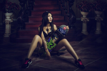 asiatisk, Styrelse, skateboard, stil, tatuering