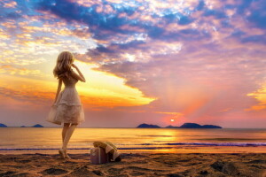 doll, landscape, sea, sunset