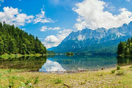 mraky, les, tráva, jezero, hory, panoráma, odraz, pobřeží