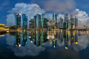 luzes, Marina Bay, piscina, reflexão, Cingapura, a noite