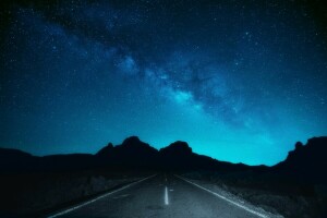 Buttes, road, space, stars, the milky way