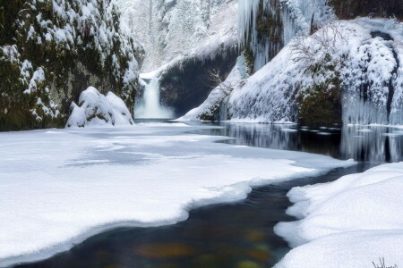 forêt, rivière, neige, cascade, hiver