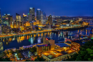 puentes, edificio, triangulo Dorado, Río monongahela, ciudad de noche, Pensilvania, Pensilvania, Pittsburgh