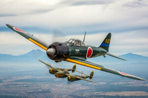 A6M3 Zero, luchador basado en portaaviones, fácil, Combatiente, vuelo, japonés, relámpago, P-38