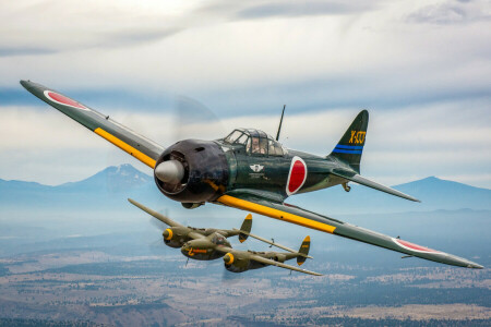 A6M3 Zero, chasseur embarqué, facile, Combattant, vol, Japonais, foudre, P-38