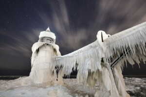 ijs, Lake Michigan, nacht, St. Joseph vuurtoren