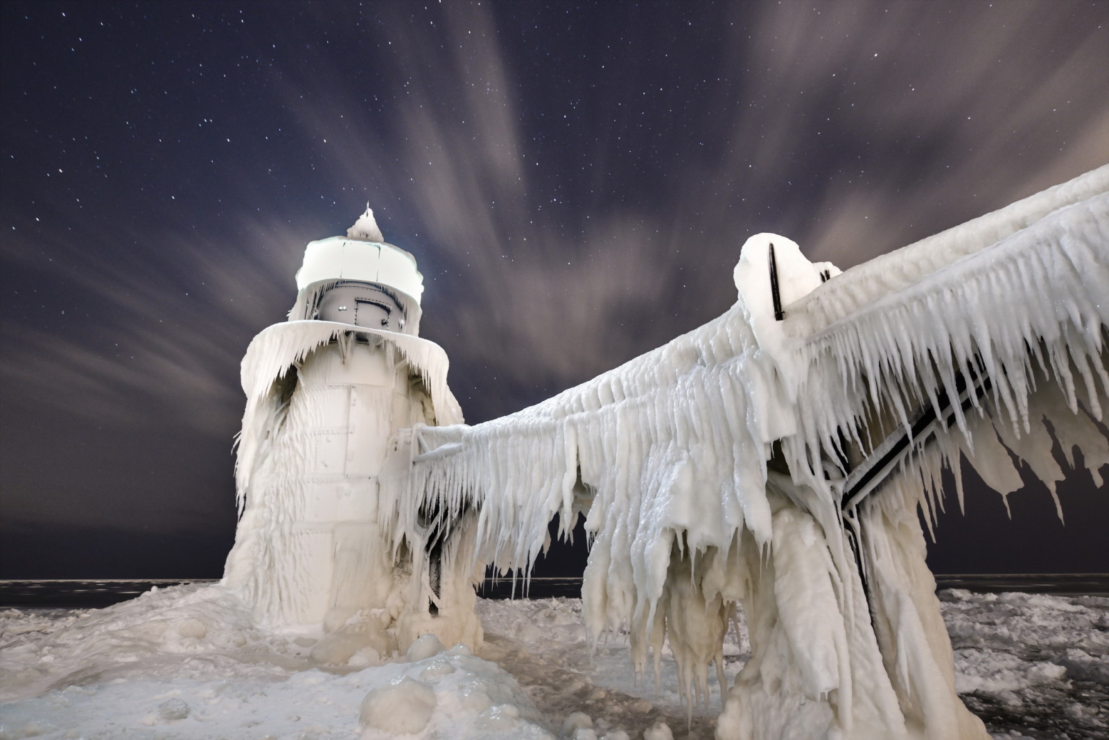 ice, night, Lake Michigan, St. Joseph Lighthouse