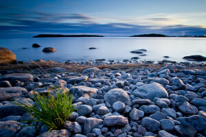 clouds, lake, shore, stones, the evening, the sky