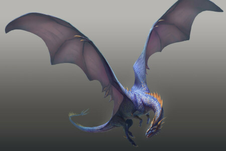 blue, claws, dragon, flight, grey background, wings