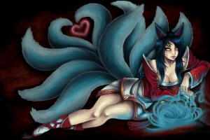 Ahri, arte, c96kie, il petto, orecchie, Volpe, ragazza, cuore