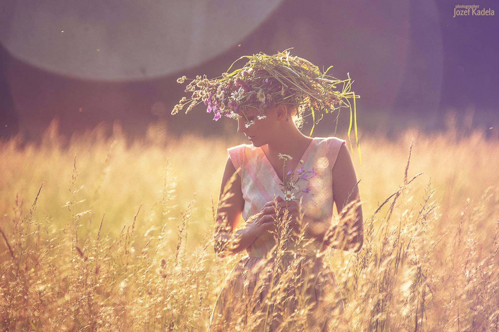 verão, menina, BELEZA, campo, fotógrafo, guirlanda, Josef Kadela