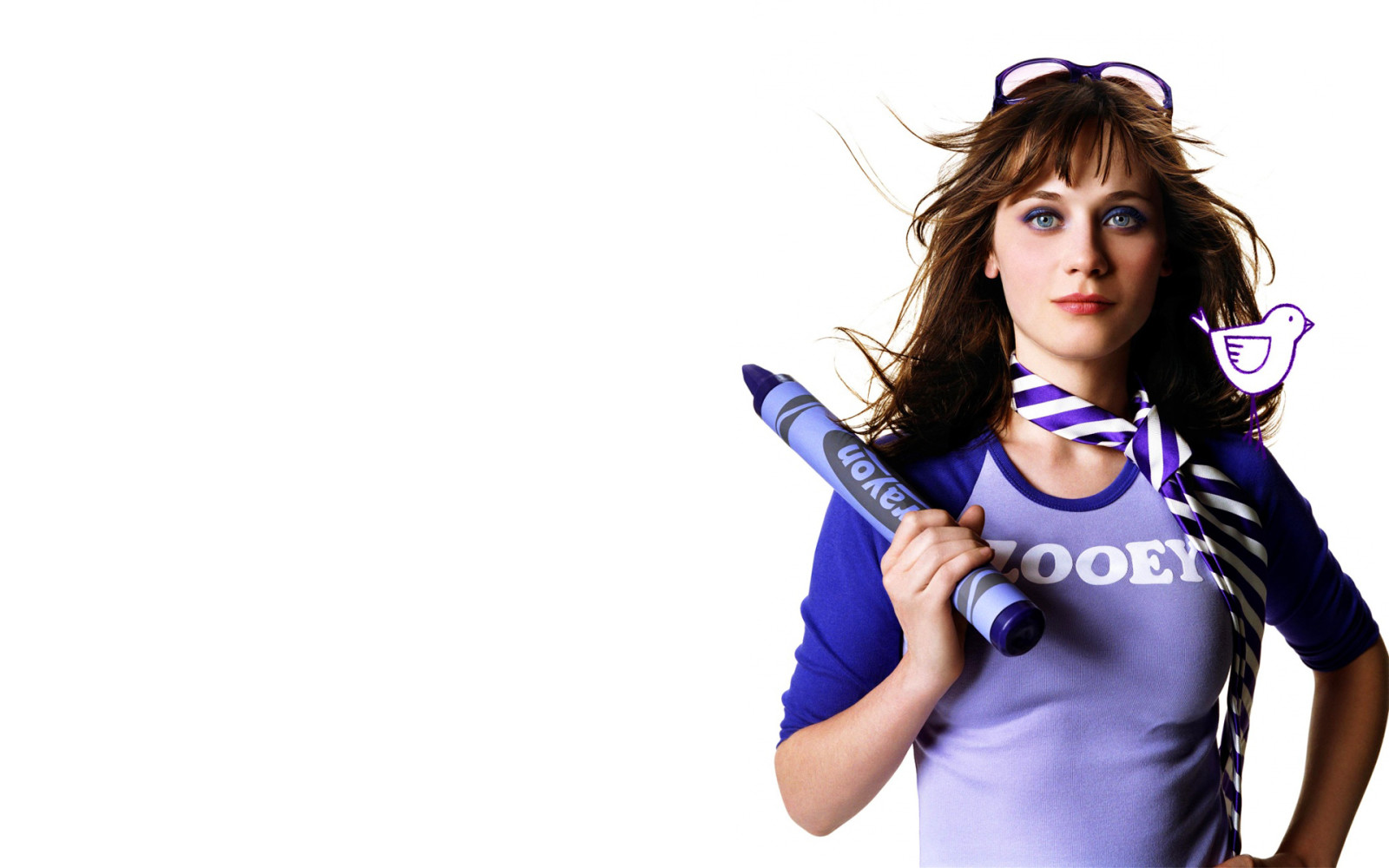 blue, bird, actress, white background, Zooey Deschanel