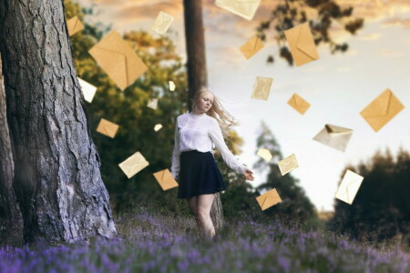 girl, letters, nature