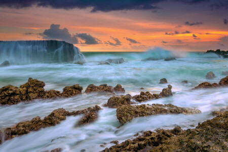 dawn, rocks, shore, stones, The ocean