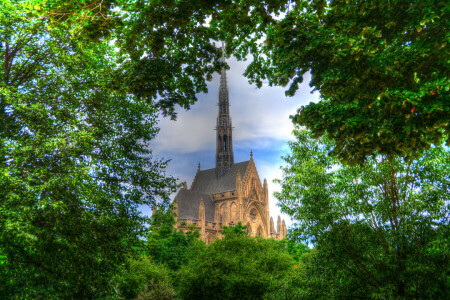 hrad, HDR, Park, nebe, věž, stromy