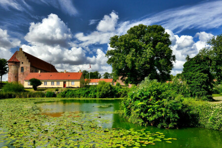 castle, clouds, Denmark, duckweed, greens, home, Nyborg, pond